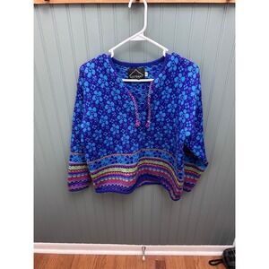 Kootenay Women's Blue Floral Knit Sweater V-Neck Pullover Casual Top